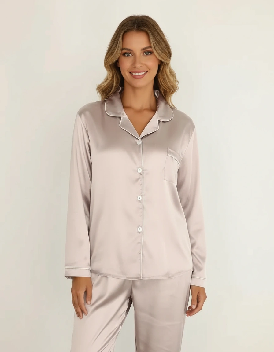 Damen Pyjama Set aus Satin in Beige mit langen Ärmeln und Knopfverschluss, ideal zum Schlafen und Entspannen in elegantem Stil.