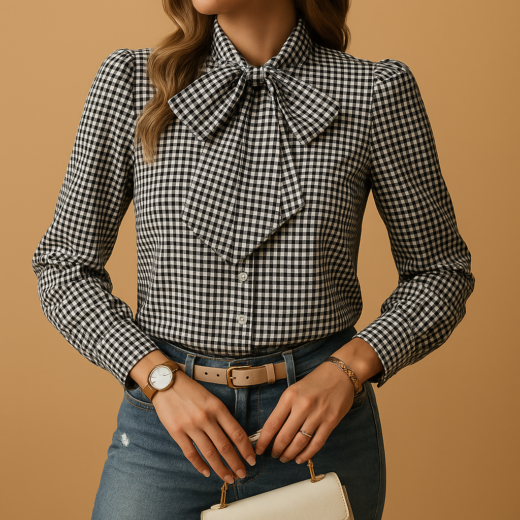 Elegante Bluse Damen mit Kariert und Bogendetail | Clara-Genf Boutique