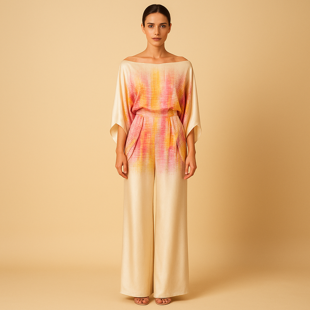 Elegante off-shoulder Sommeroutfit mit weitem Hosen | Celeste-Genf Boutique
