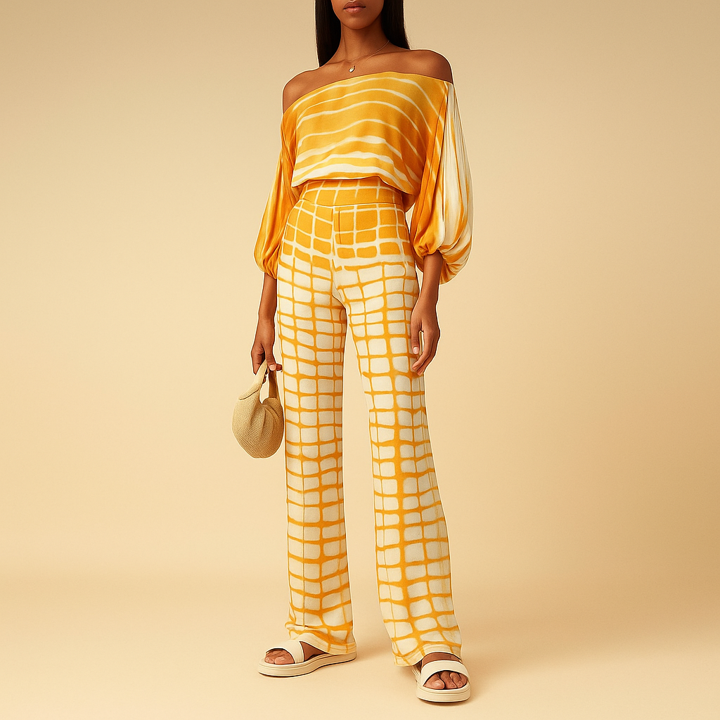 Elegante off-shoulder Sommeroutfit mit weitem Hosen | Celeste-Genf Boutique