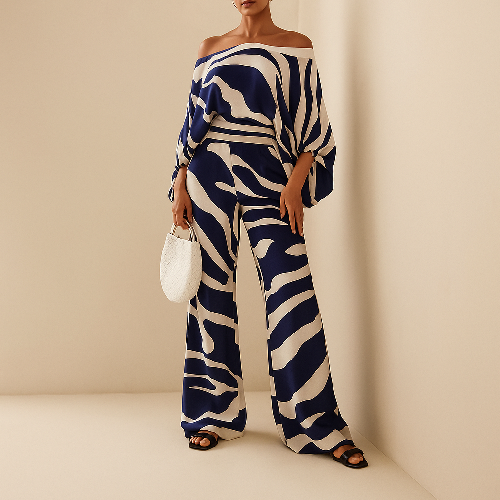 Elegante off-shoulder Sommeroutfit mit weitem Hosen | Celeste-Genf Boutique