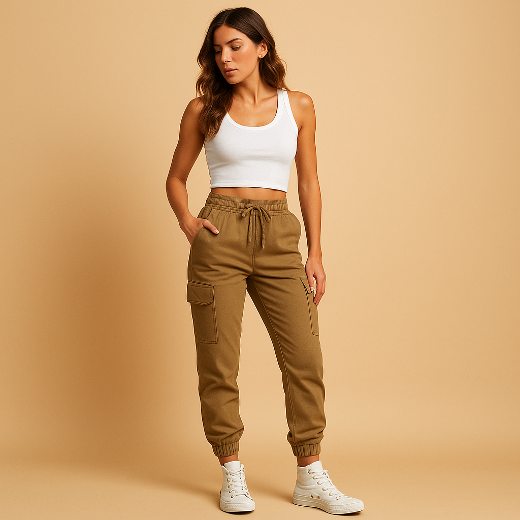 Hochtaillierte Frachtpants mit Stretchstoff für Damen | Elvira-Genf Boutique