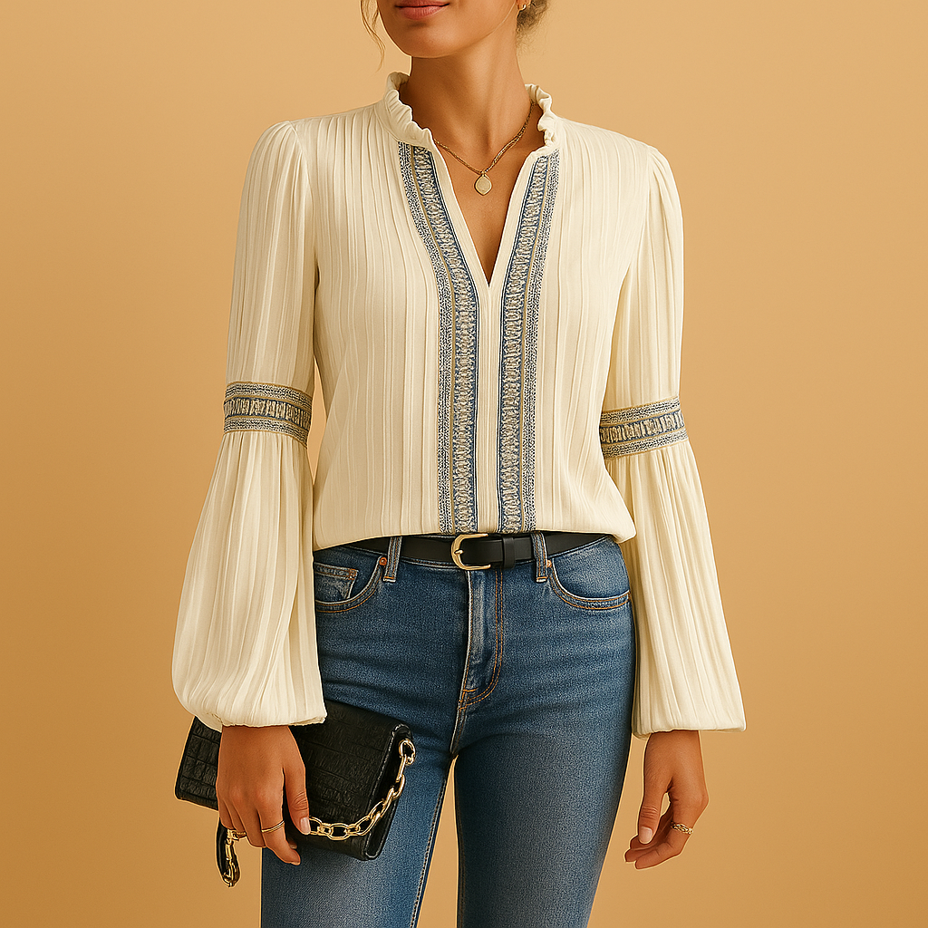 Nadine | Elegante Bluse mit Spitzen- und Laternärmen für Frauen-Genf Boutique