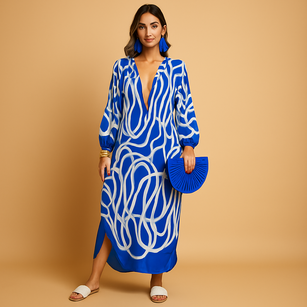 Boho Maxi Kleid mit langen Ärmeln aus leichtem Stoff | Mila-4