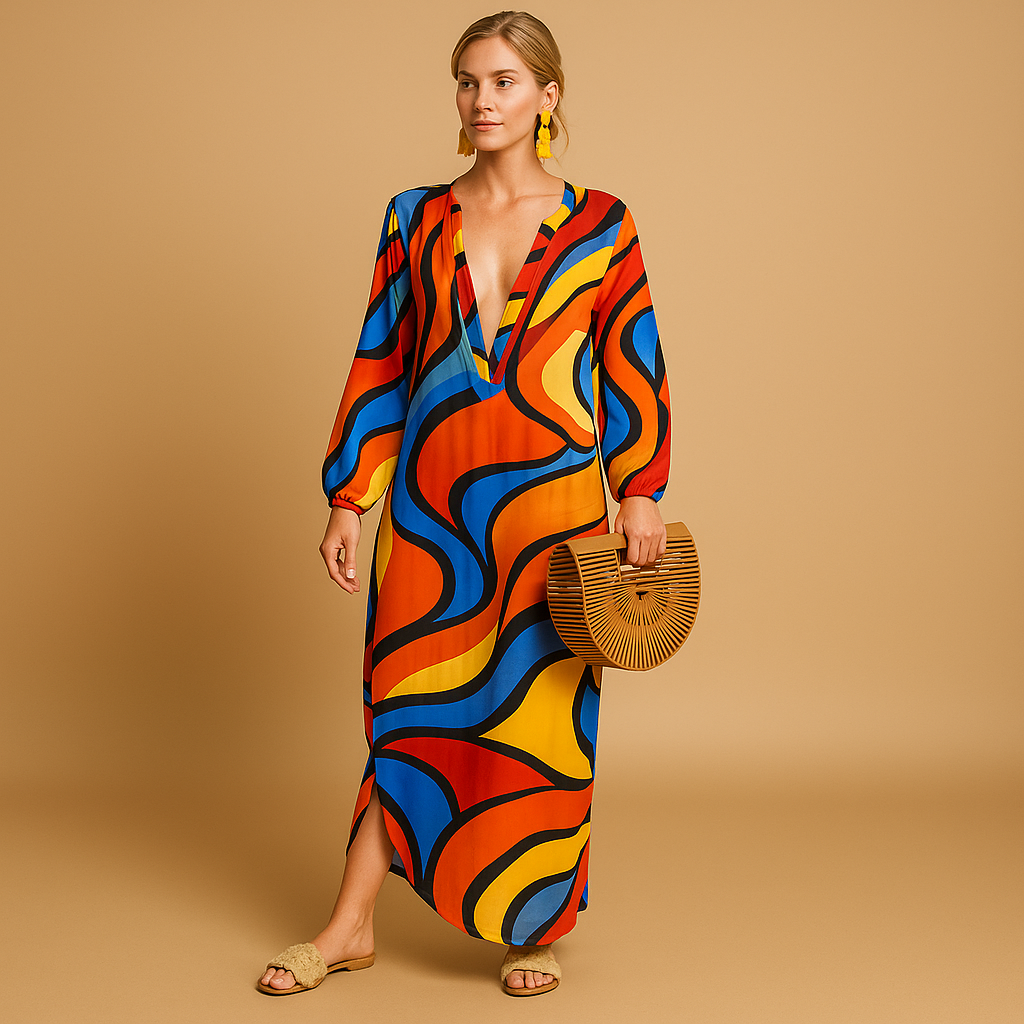 Boho Maxi Kleid mit langen Ärmeln aus leichtem Stoff | Mila-5
