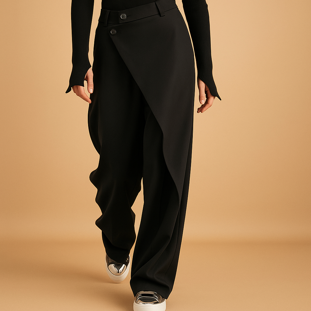Baggy Hosen mit Doppelknopfverschluss im Asymmetrischen Design | Rose-Genf Boutique