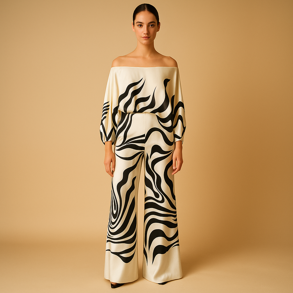 Elegante off-shoulder Sommeroutfit mit weitem Hosen | Celeste-Genf Boutique