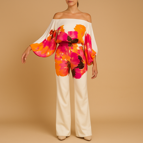 Elegante off-shoulder Sommeroutfit mit weitem Hosen | Celeste-Genf Boutique