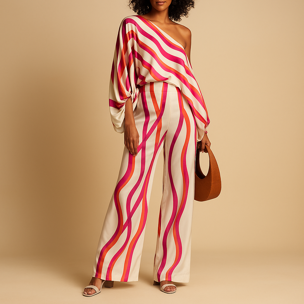 Elegante off-shoulder Sommeroutfit mit weitem Hosen | Celeste-Genf Boutique