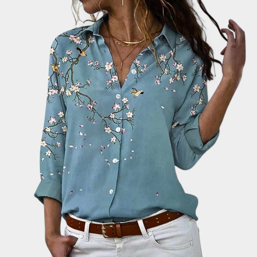 Damenbluse mit langen Ärmeln und modischen Prints – perfekt für Büro, Alltag oder Freizeit, in Grau, Blau oder Gold erhältlich