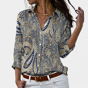Damenbluse mit langen Ärmeln und modischen Prints – perfekt für Büro, Alltag oder Freizeit, in Grau, Blau oder Gold erhältlich