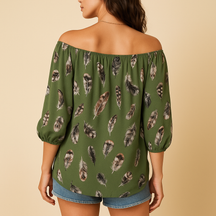 Loïs | Luftige Bluse mit Federn drucken und V-Ausschnitt für Frauen-Genf Boutique