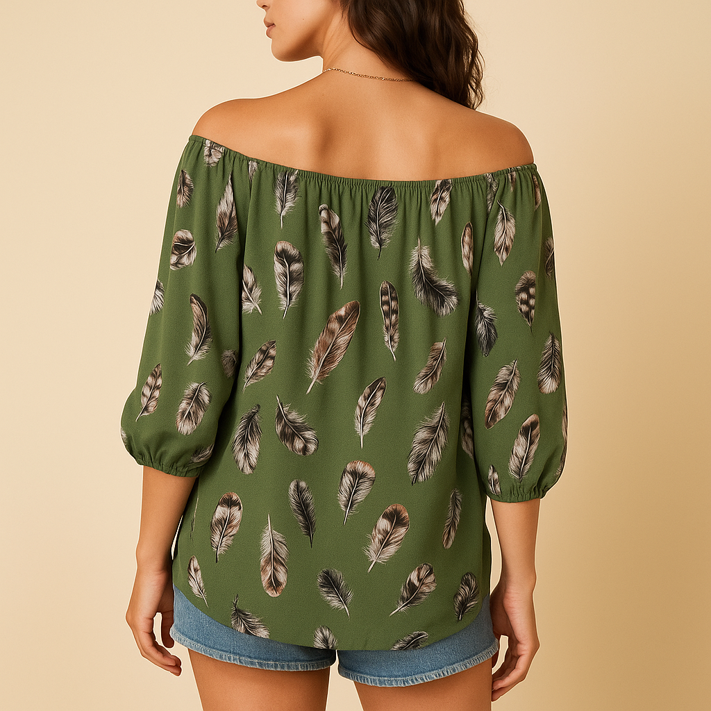 Loïs | Luftige Bluse mit Federn drucken und V-Ausschnitt für Frauen-Genf Boutique