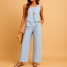 Luftige Damen Zweiteiler mit mouwloser Bluse und leichter Hose | Noëlle-Genf Boutique