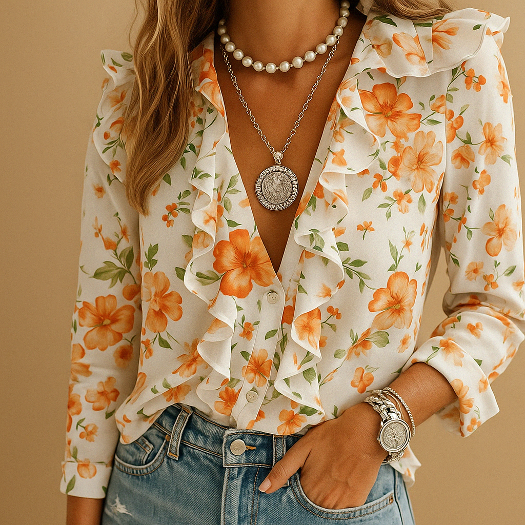 Merel | Elegante Bluse mit Schmetterlingsdruck und Rüschen für Frauen-Genf Boutique