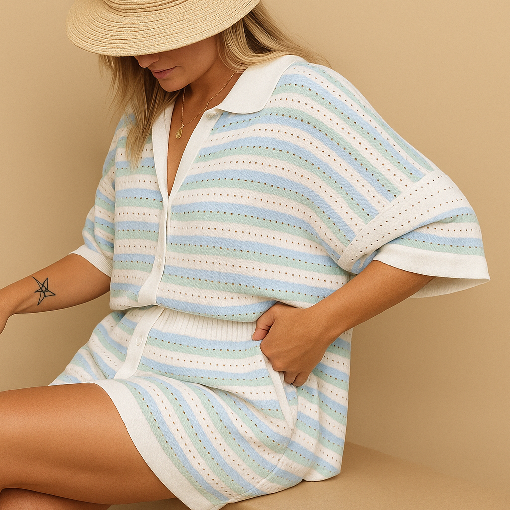 Stylische gestreepte zomerset met blouse en short | Britt-Genf Boutique
