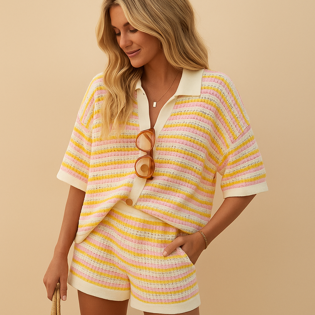 Stylische gestreepte zomerset met blouse en short | Britt-Genf Boutique