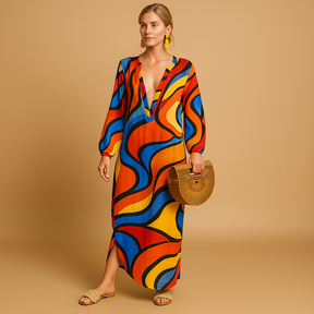 Variant image for Boho Maxi Kleid mit langen Ärmeln aus leichtem Stoff | Mila-21